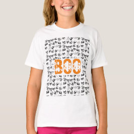Orange Boo Halloween Spooky Skull Pattern T-Shirt