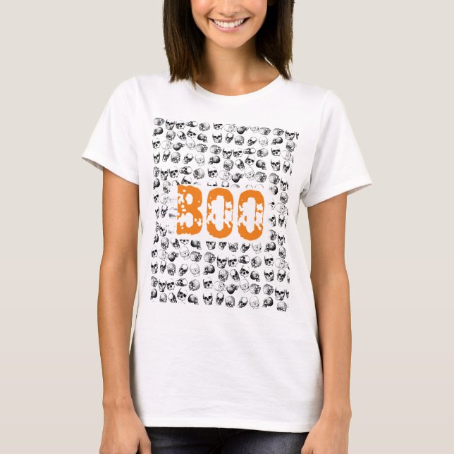 Orange Boo Halloween Spooky Skull Pattern T-Shirt (Vorderseite)