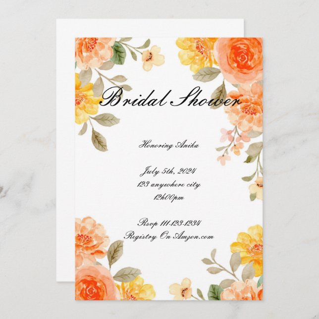 ORANGE BOTANICAL BRIDAL SHOWING INVITATION EINLADUNG (Vorne/Hinten)