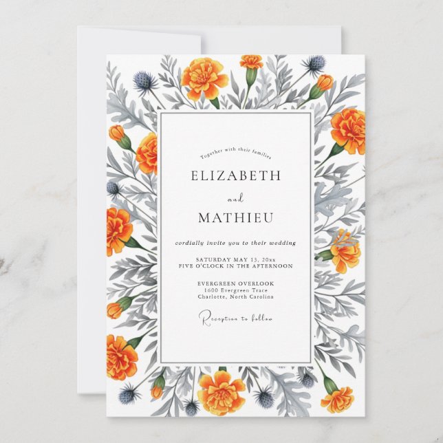 Orange Botanical Romance Wedding Einladung (Vorderseite)