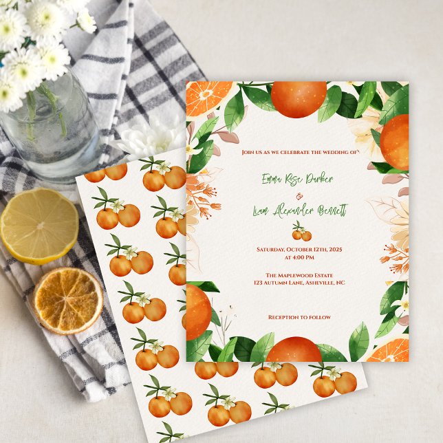 Orange Botanische Zitrusfrüchte Orchard Hochzeit E (Orange Botanical Citrus Orchard Wedding Invitation)