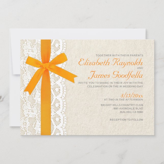 Orange Bow & Lace Wedding Einladungen (Vorderseite)