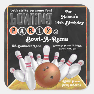 Orange Bowlings-Party laden Aufkleber ein