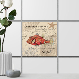 Orange Boxfish Illustration 🐡 Nautic Vintag Fliese