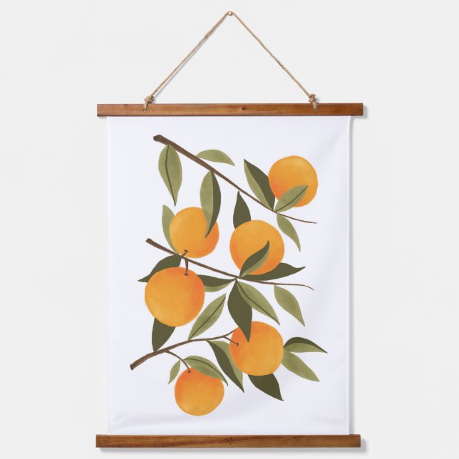 Orange Branch Botanical Citrus Wohngestaltung Wandteppich Mit Holzrahmen (Vorderseite)
