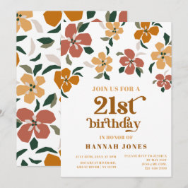 Orange & braun Retro 70er Floral 21. Geburtstag Einladung