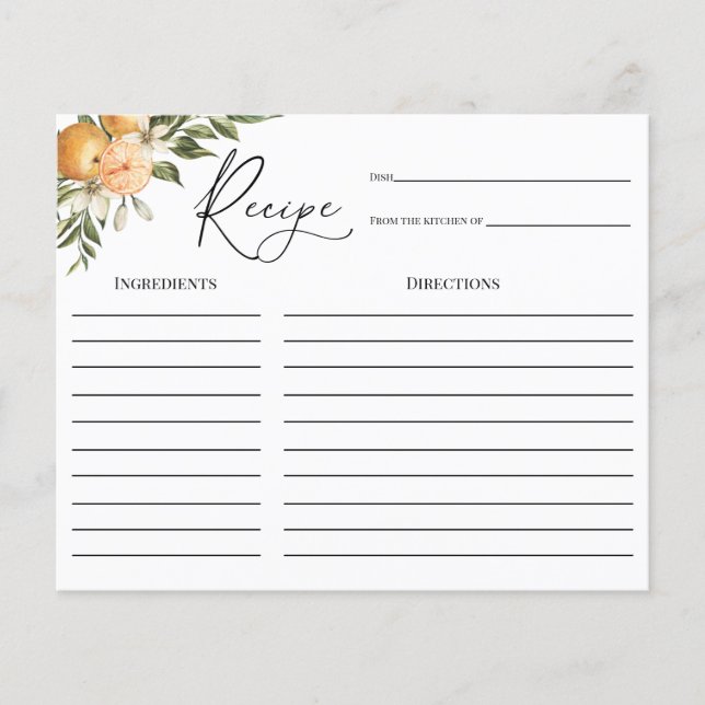 Orange Brautparty Rezept-Karte mit Hauptpresse (Vorderseite)