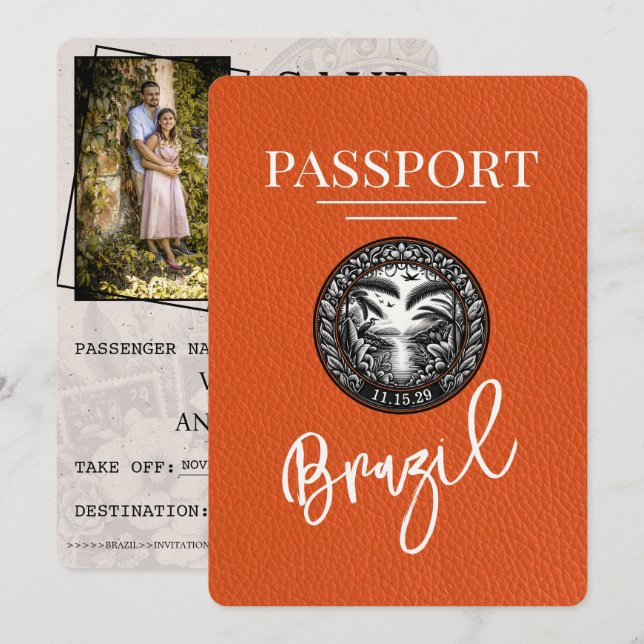 Orange Brazil Passport Save the Date (Vorne/Hinten)