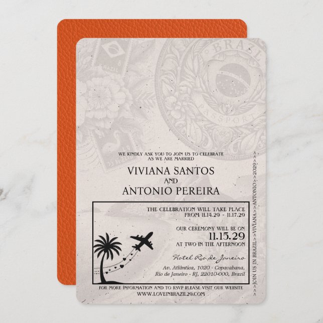 Orange Brazil Passport Wedding Einladung (Vorne/Hinten)