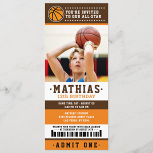 Orange Brown Basketball Ticket Geburtstag Foto Einladung