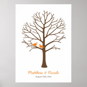 Orange Brown Birds Fingerprint Tree Hochzeit Poster