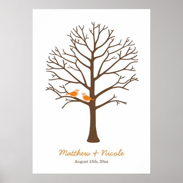 Orange Brown Birds Fingerprint Tree Hochzeit Poster (Vorne)