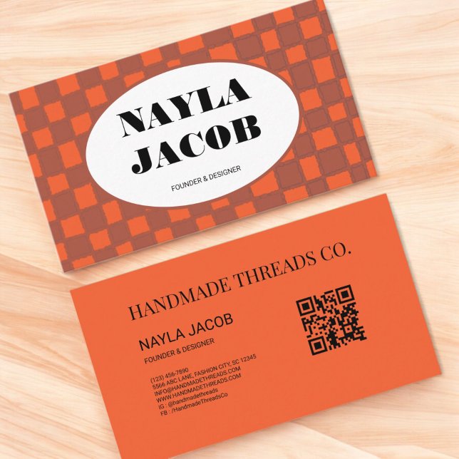 Orange Brown Checkerboard Muster QR Code Handmade Visitenkarte (Von Creator hochgeladen)