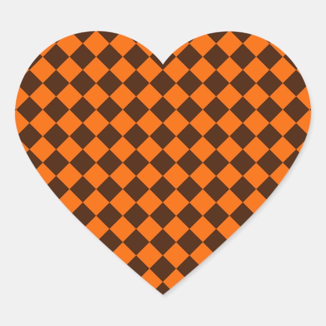 Orange Brown Diamond Schachbrett Pattern Herz-Aufkleber (Vorderseite)