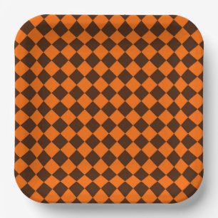 Orange Brown Diamond Schachbrett Pattern Pappteller