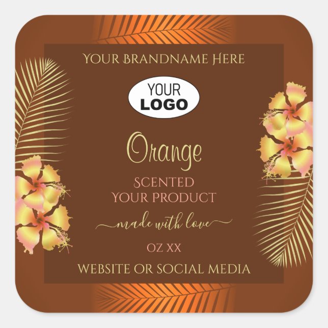 Orange Brown Product Labels Hawaiian Blume Logo Quadratischer Aufkleber (Vorderseite)