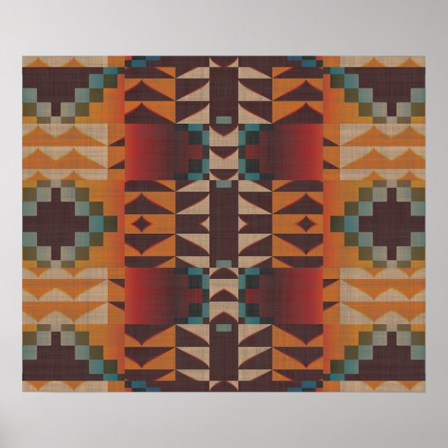 Orange Brown Red Aquamarin Blue Ethnic Tribal Mosa Poster (Vorne)