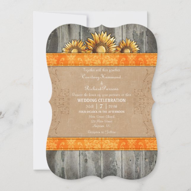 Orange Brown Rustic Sunflower Wedite Einladung (Vorderseite)