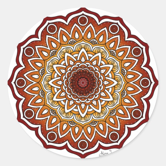 Orange & Brown Spiral and Floral Mandala Runder Aufkleber (Vorderseite)
