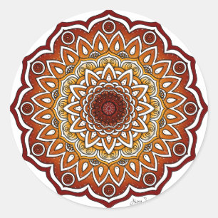 Orange & Brown Spiral and Floral Mandala Runder Aufkleber