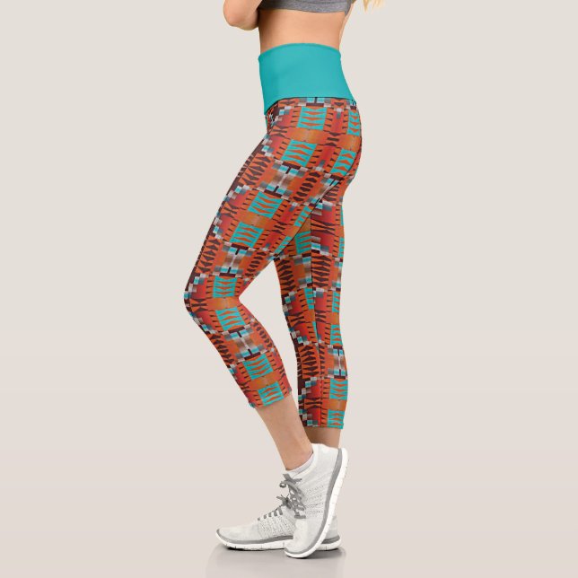 Orange Brown Türkquoise Blue Ethnic Mosaik Muster Capri Leggings (Links)