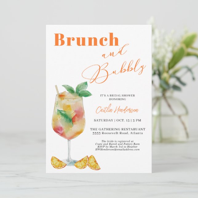 Orange Brunch und Bubbly Champagne Brautparty Einladung (Stehend Vorderseite)