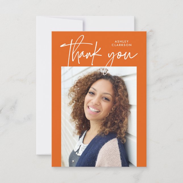 Orange Budget Modernes kalligrafisches Foto Abschl Dankeskarte (Vorderseite)