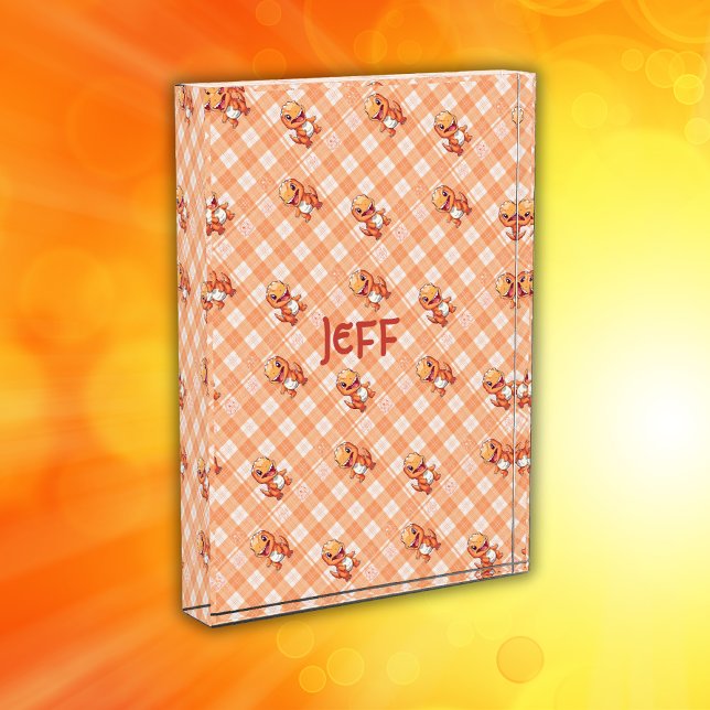 Orange Buffalo Karo mit Dinosauriern und Monogramm Fotoblock (Von Creator hochgeladen)