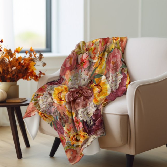 Orange Burgund Herbst Herbst Farbe Blumen Fleecedecke (Orange and rust autumn floral fleece blanket)