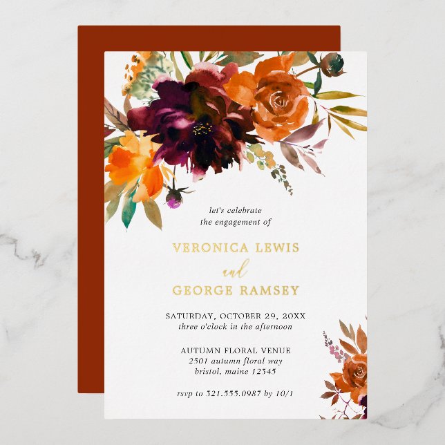 Orange Burgundy Fall Floral Engagement Party Gold Folieneinladung (Vorderseite/Rückseite)