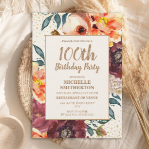 Orange Burgundy Fall Floral Gold Glitzer 100. Einladung