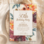 Orange Burgundy Fall Floral Gold Glitzer 50. Einladung<br><div class="desc">Eleganter Orangen- und Bordeaux-Wasserfall/Herbstblüte mit goldenem Glitzer auf einer bräunlichen 50. Geburtstagsfeier für Damen. Kontaktieren Sie mich für Hilfe bei der Anpassung oder um passende Zazzle Produkte für Ihr Party anzufordern.</div>