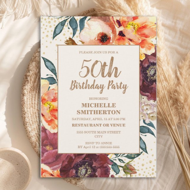 Orange Burgundy Fall Floral Gold Glitzer 50. Einladung (Orange and burgundy floral 50th birthday party invitation)