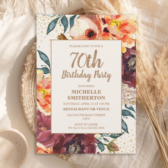 Orange Burgundy Fall Floral Gold Glitzer 70. Einladung (Orange and burgundy watercolor floral 70th birthday party invitation)