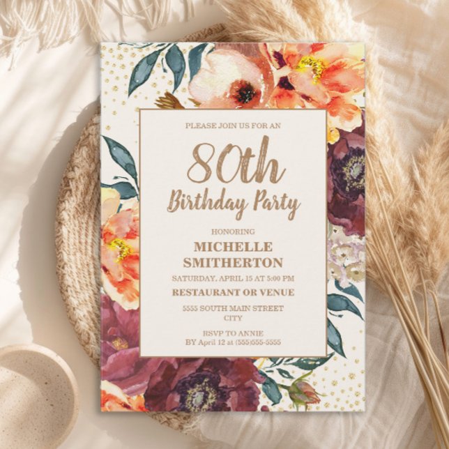 Orange Burgundy Fall Floral Gold Glitzer 80. Einladung (Orange and burgundy watercolor floral 80th birthday party invitation)