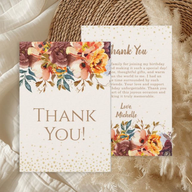 Orange Burgundy Floral Geburtstag Vielen Dank Dankeskarte (Orange and burgundy floral birthday party "Thank you" card )