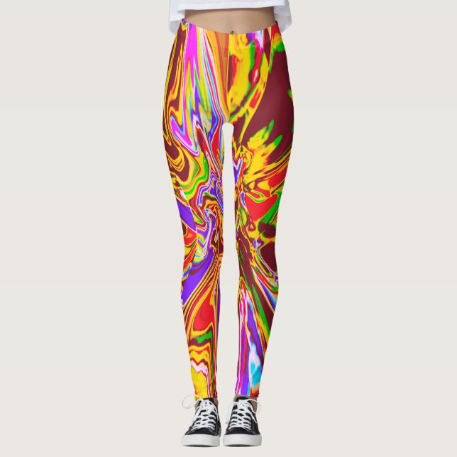 Orange, Burgundy Psychedelic Blume Design Legging Leggings (Vorderseite)