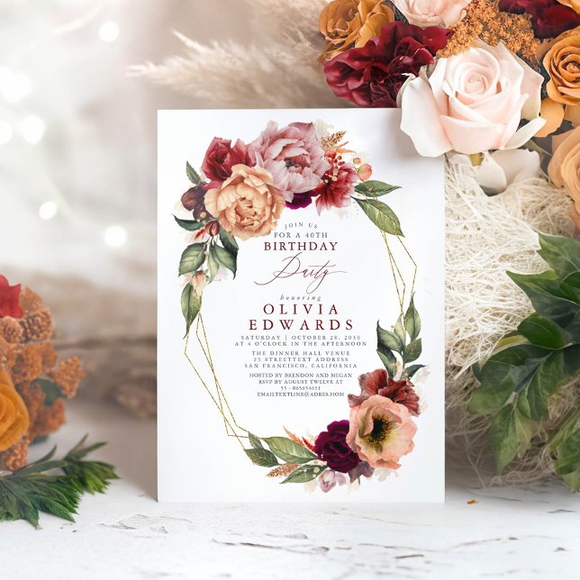 Orange Burgundy Red Floral Fall Birthday Party Einladung (Earthy Floral Birthday Invitations)