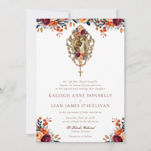 Orange Burgundy Rustic Floral Katholic Wedding Einladung