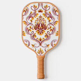 Orange Burgundy White Damask Floral Pickleball Schläger