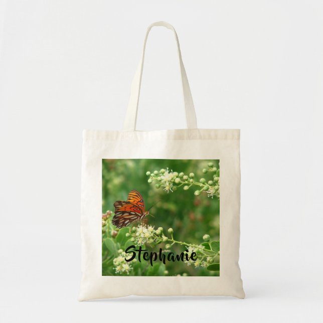 Orange Butterfly mit Personalisiertem Namen Cotton Tragetasche (Vorne)