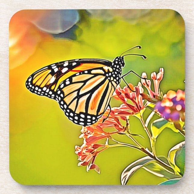 Orange Butterfly on Pink Blossom Design Getränkeuntersetzer (Vorderseite)