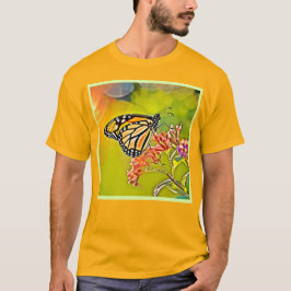 Orange Butterfly on Pink Blossom Design T-Shirt