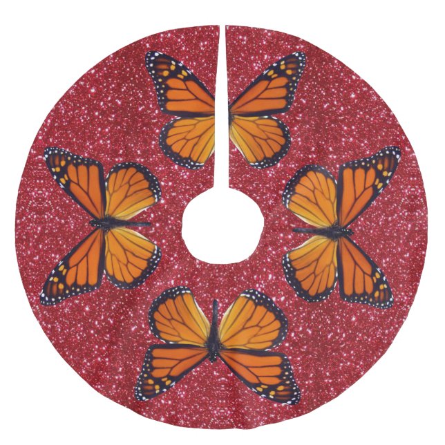 Orange Butterfly On Red Glitzer Tree Skirt Polyester Weihnachtsbaumdecke (Vorderseite)