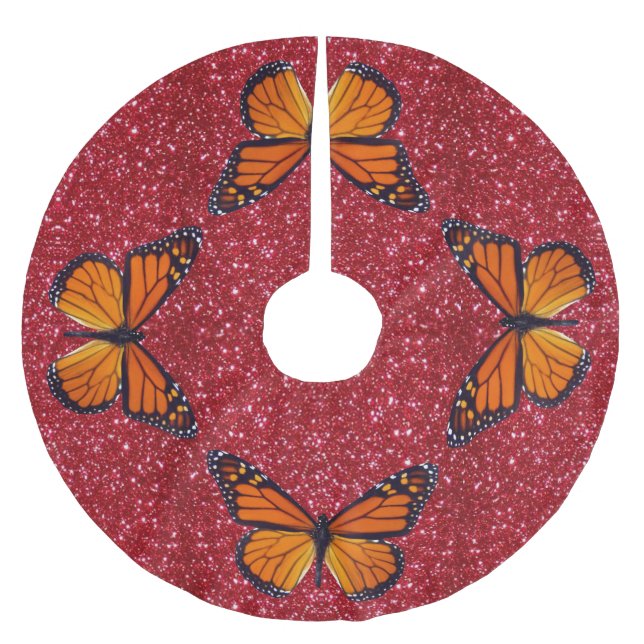 Orange Butterfly On Red Glitzer Tree Skirt Polyester Weihnachtsbaumdecke (Vorderseite)