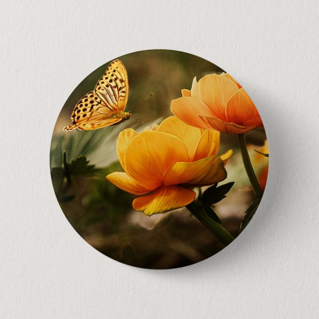 Orange Butterfly und Blume Button (Vorderseite)