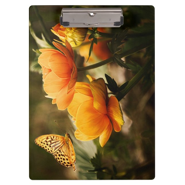 Orange Butterfly und Blume Klemmbrett (Vorderseite)