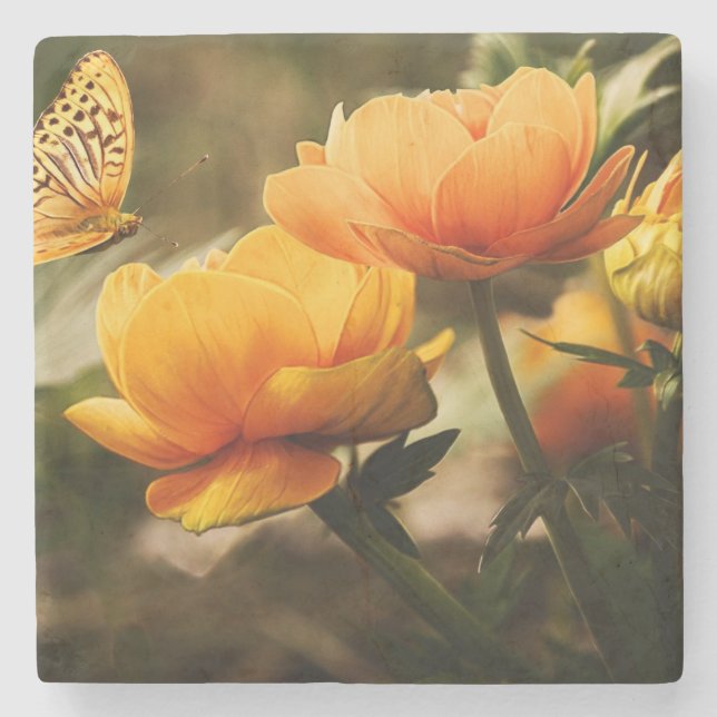 Orange Butterfly und Blume Steinuntersetzer (Vorderseite)
