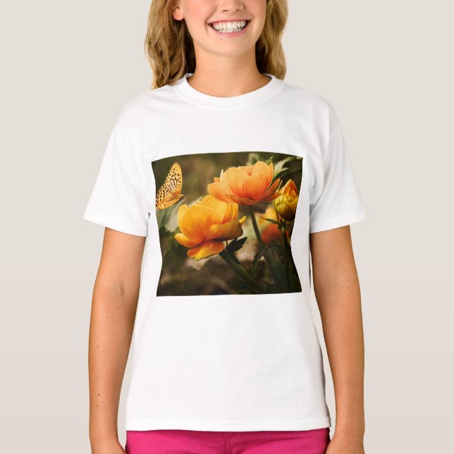 Orange Butterfly und Blume T-Shirt (Vorderseite)