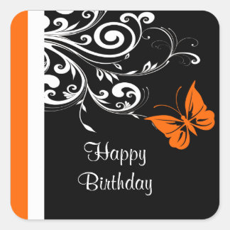 Orange Butterly Wirbel Happy Birthday Quadratischer Aufkleber